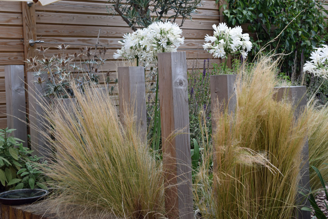 Cedar posts act as an informal barrier along the retaining wall